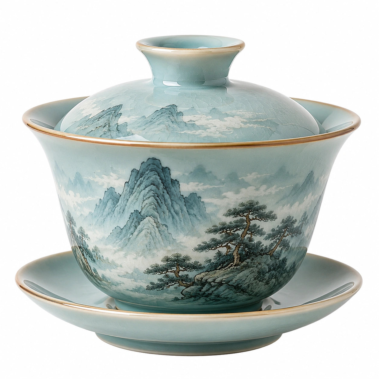 Gaiwan en céramique bleu avec motifs floraux