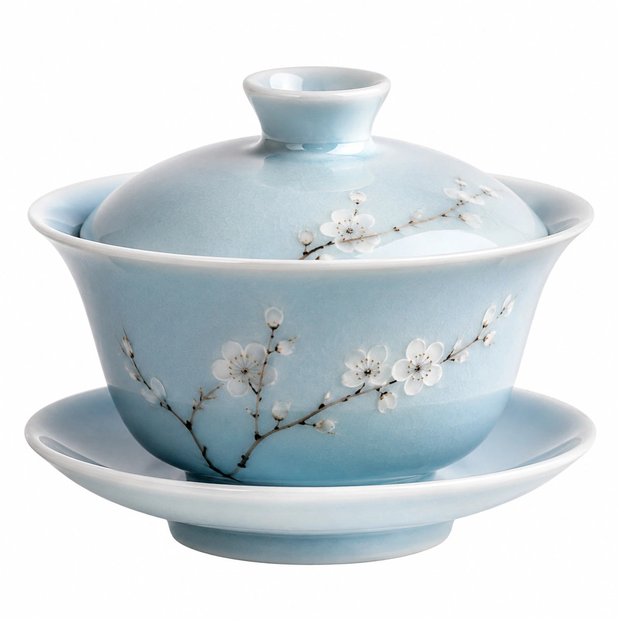 Gaiwan en Porcelaine avec Motif de Fleurs de Prunier Vert