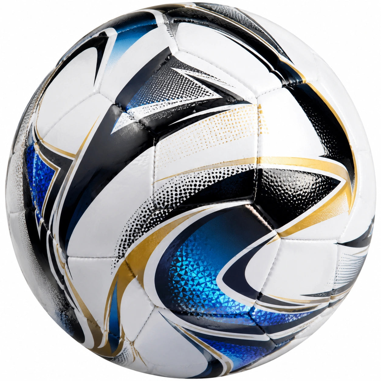 Ballon de football graphique taille 5 blanc, bleu, noir et or