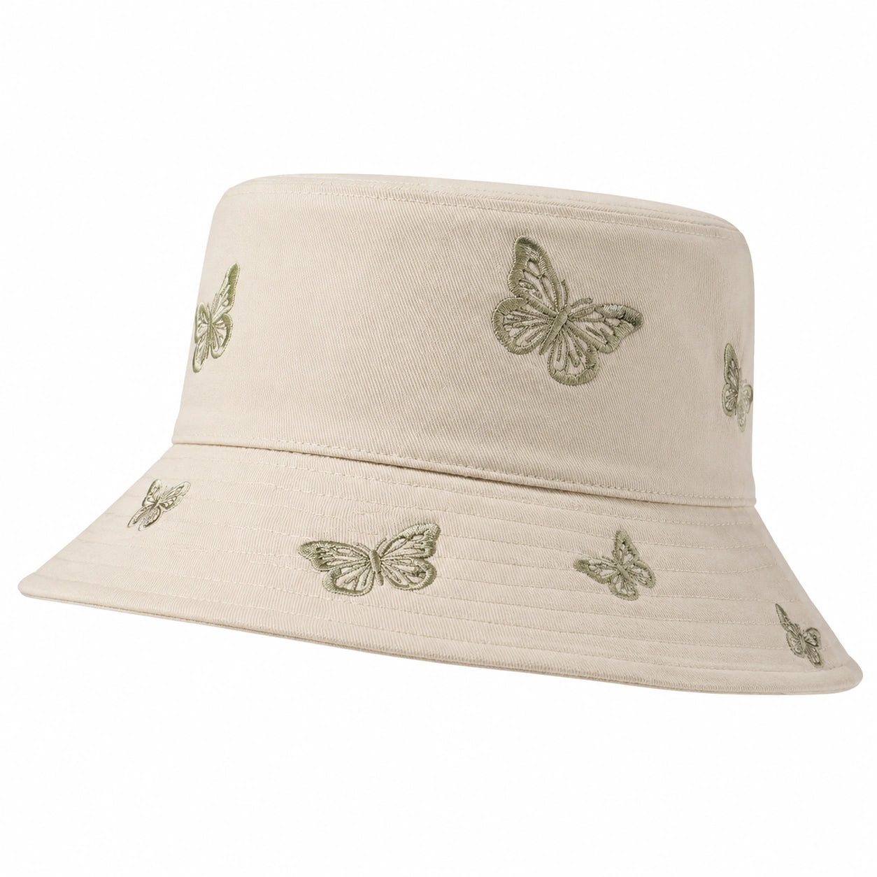 Chapeau seau beige avec broderies de papillons
