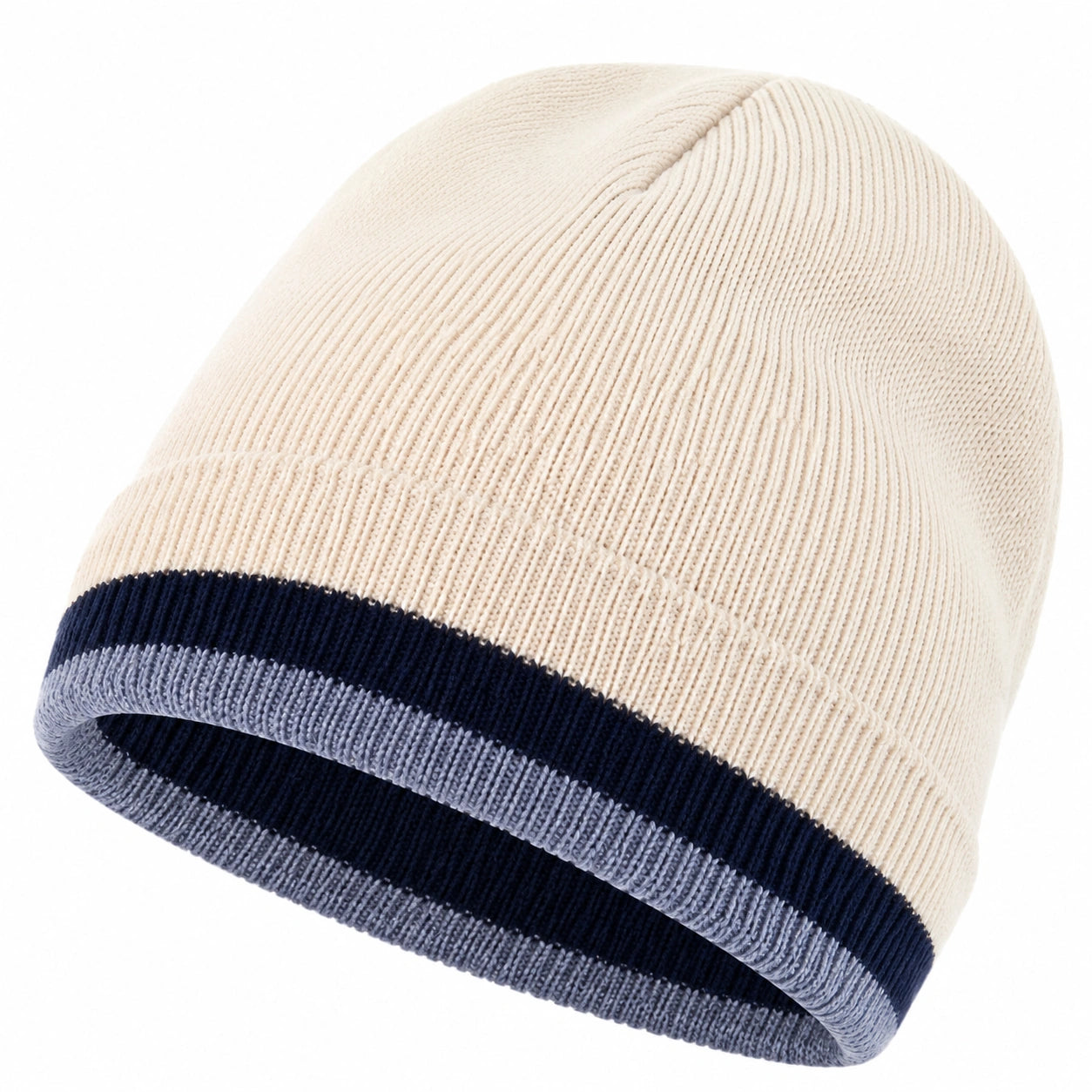 Bonnet tricoté beige avec bandes marine et grises
